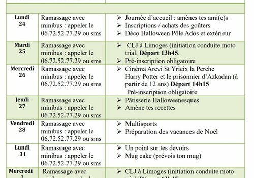 Planning ado vacances Toussaint 