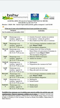 Planning ado vacances Toussaint 